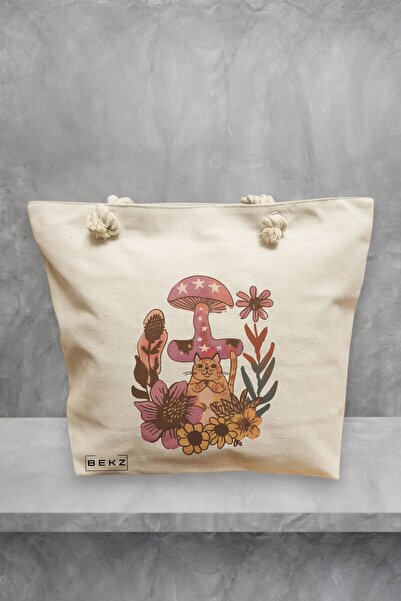 BEKZ Τσάντα θαλάσσης με πολύχρωμα μανιτάρια 7, 40x51 εκ., κρεμ, BEKZ®