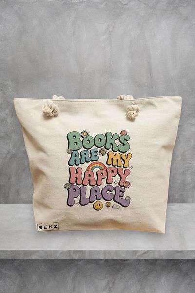 BEKZ Geanta de plaja, model Books are my happy place, 40x51 cm, Crem, BEKZ®