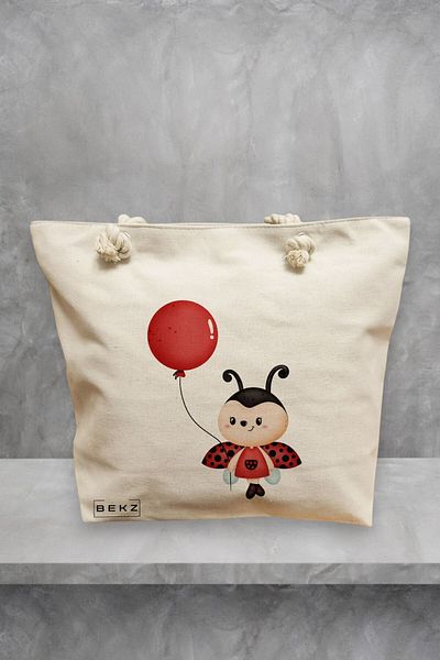 BEKZ Geanta de plaja, model Ladybug, 40x51 cm, Crem, BEKZ®