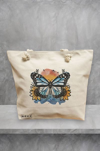 BEKZ Geanta de plaja Blue Butterfly, 40x51 cm, Crem, BEKZ®