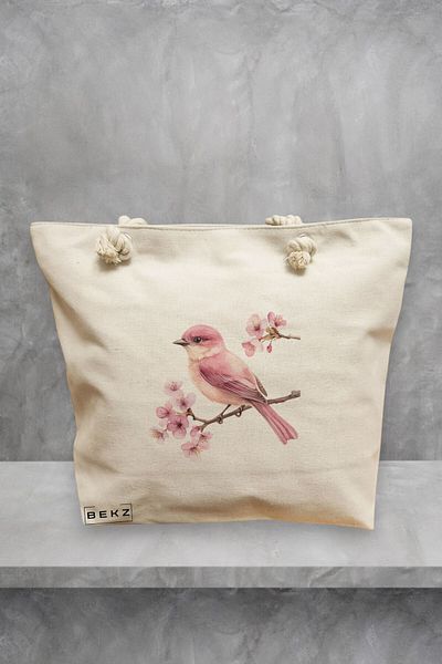 BEKZ Geanta de plaja, model Rose bird on the tree, 40x51 cm, Crem, BEKZ®