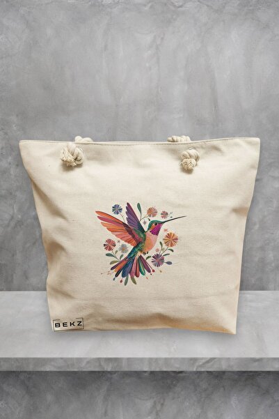 BEKZ Τσάντα θαλάσσης, πολύχρωμο σχέδιο πουλιού, 40x51 εκ., κρεμ, BEKZ®