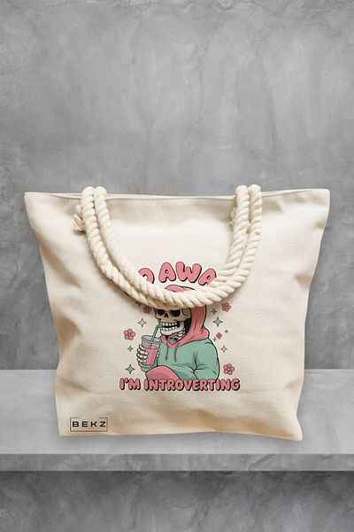 BEKZ Geanta de plaja, model Go away I’m introverting, 40x51 cm, Crem, BEKZ®