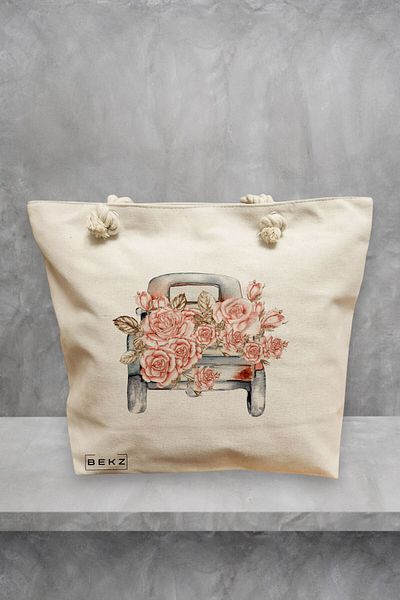 BEKZ Geanta de plaja, model Pink Car, 40x51 cm, Crem, BEKZ®