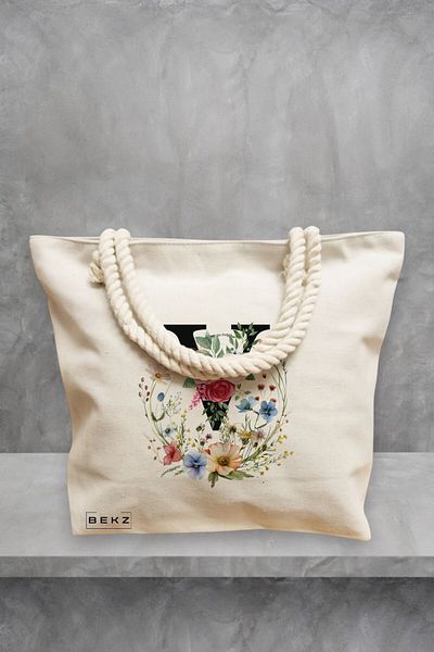 BEKZ Geanta de plaja, Cu litera V in Coronita Florala, 40x51 cm, Crem, BEKZ®