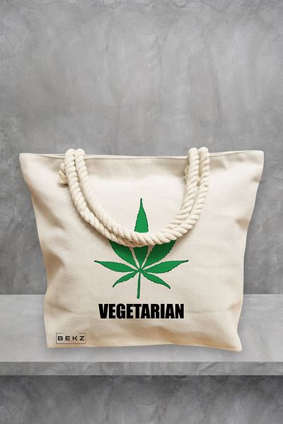 BEKZ Geanta de plaja, model Vegetarian, 40x51 cm, Crem, BEKZ®