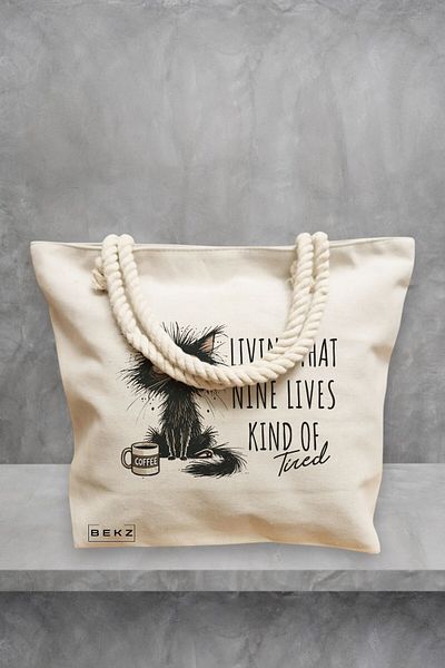 BEKZ Geanta de plaja, model Living that nine lives Kind of tired, 40x51 cm, Crem, BEKZ®