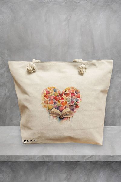 BEKZ Geanta de plaja, model Books and hearts, 40x51 cm, Crem, BEKZ®