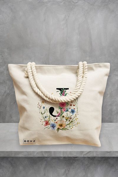BEKZ Geanta de plaja, Cu litera J in Coronita Florala, 40x51 cm, Crem, BEKZ®