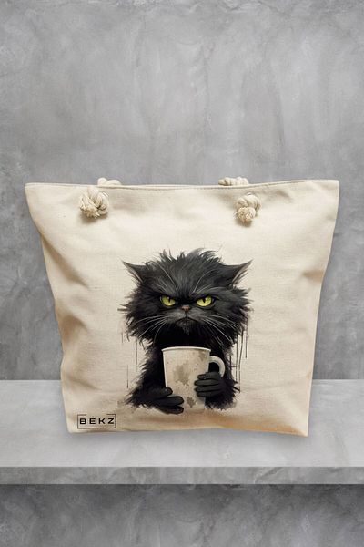 BEKZ Geanta de plaja, model Coffee Addict, 40x51 cm, Crem, BEKZ®