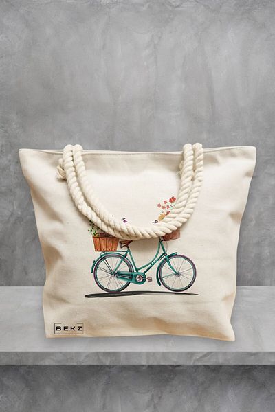 BEKZ Geanta de plaja, model Artistic Bicycle, 40x51 cm, Crem, BEKZ®