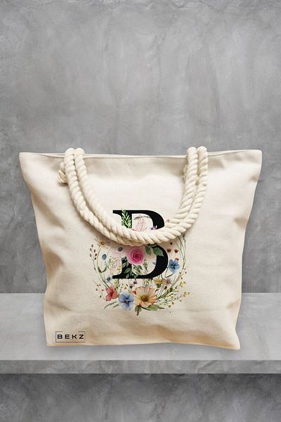 BEKZ Geanta de plaja, Cu litera B in Coronita Florala, 40x51 cm, Crem, BEKZ®