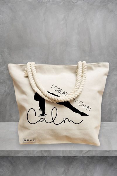 BEKZ Geanta de plaja Yoga I create my own calm, 40x51 cm, Crem, BEKZ®
