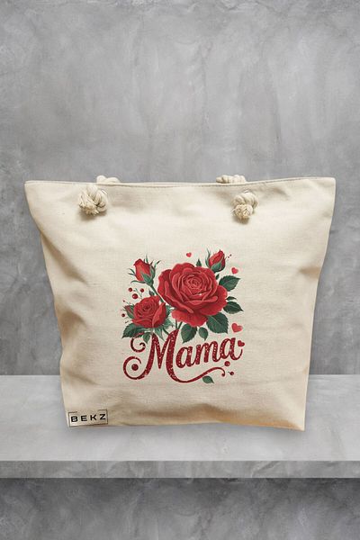 BEKZ Geanta de plaja, model Mama Red Roses, 40x51 cm, Crem, BEKZ®