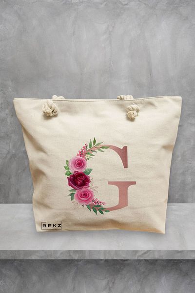 BEKZ Geanta de plaja, Cu litera G Rose Gold si Trandafiri, 40x51 cm, Crem, BEKZ®