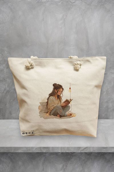 BEKZ Geanta de plaja, model The bookie girl 15, 40x51 cm, Crem, BEKZ®