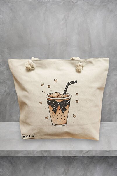 BEKZ Τσάντα θαλάσσης, μοντέλο Caffeine lover 1, 40x51 cm, Κρεμ, BEKZ®