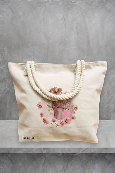 BEKZ Geanta de plaja, model Floral Romance, 40x51 cm, Crem, BEKZ®