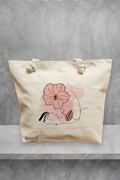 BEKZ Τσάντα θαλάσσης, μοντέλο Floral Line, 40x51 εκ., Κρεμ, BEKZ®