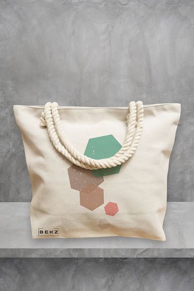 BEKZ Geanta de plaja, model Hexagons, 40x51 cm, Crem, BEKZ®
