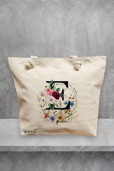 BEKZ Τσάντα θαλάσσης, με το γράμμα Ε σε στεφάνι λουλουδιών, 40x51 εκ., Κρεμ, ...