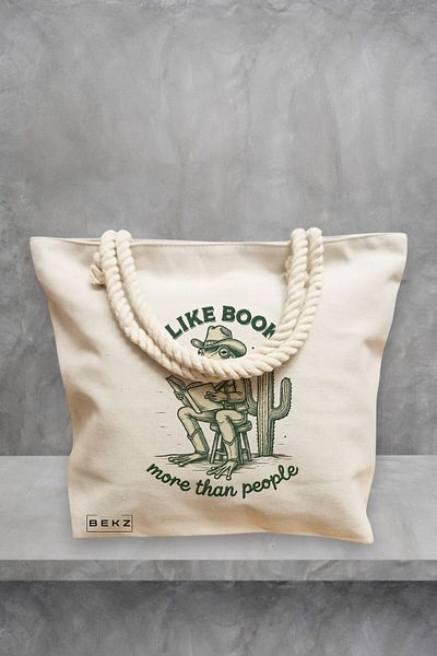 BEKZ Geanta de plaja, model I like books more than people, 40x51 cm, Crem, BEKZ®
