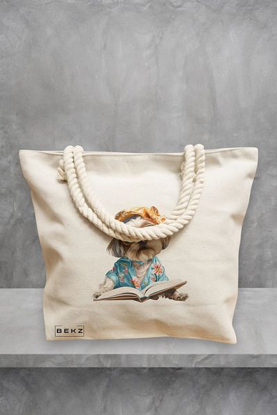 BEKZ Geanta de plaja, model Reading puppy 14, 40x51 cm, Crem, BEKZ®
