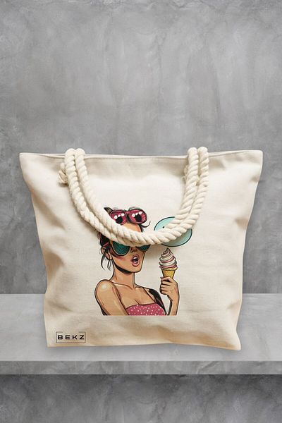 BEKZ Geanta de plaja, model Sip and Style 5, 40x51 cm, Crem, BEKZ®