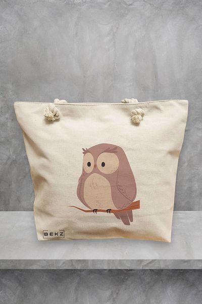 BEKZ Geanta de plaja, model Cute Owl, 40x51 cm, Crem, BEKZ®