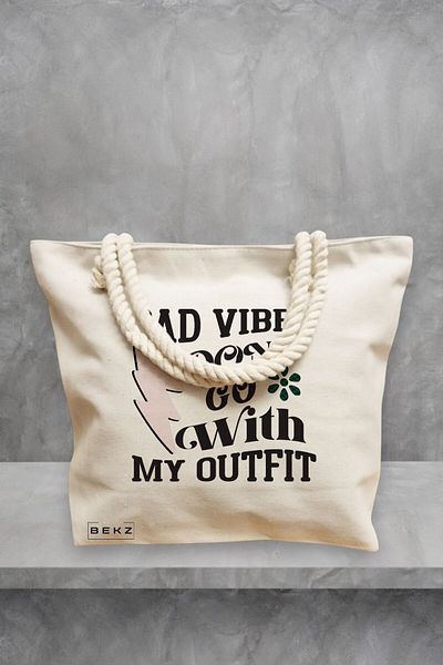 BEKZ Geanta de plaja, model Bad vibes don't go with my outfit, 40x51 cm, Crem, BEKZ®