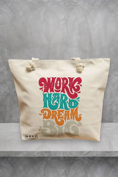 BEKZ Geanta de plaja, model Work Hard Dream Big, 40x51 cm, Crem, BEKZ®