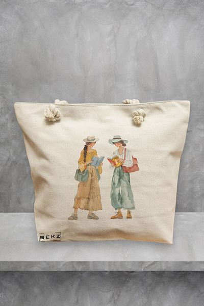 BEKZ Geanta de plaja, model The bookie girl 21, 40x51 cm, Crem, BEKZ®