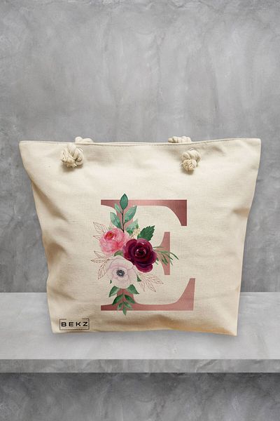 BEKZ Geanta de plaja, Cu litera E Rose Gold si Trandafiri, 40x51 cm, Crem, BEKZ®