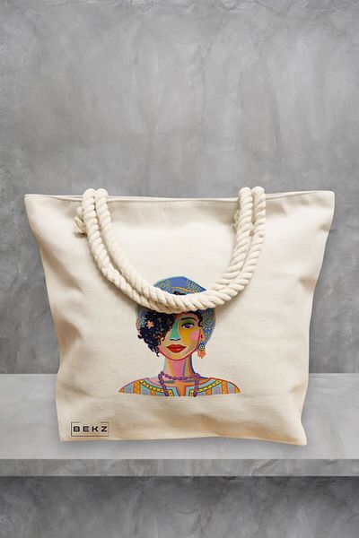 BEKZ Geanta de plaja, model Portret Vibrant 5, 40x51 cm, Crem, BEKZ®