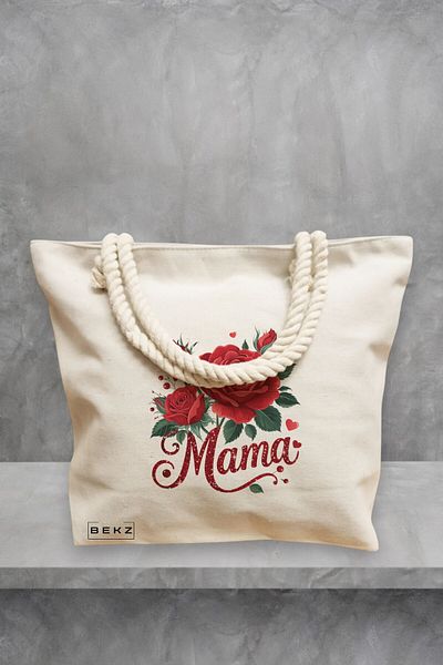 BEKZ Geanta de plaja, model Mama Red Roses, 40x51 cm, Crem, BEKZ®