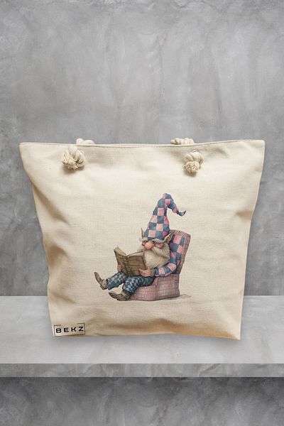BEKZ Geanta de plaja, model The Bookish Gnome 14, 40x51 cm, Crem, BEKZ®