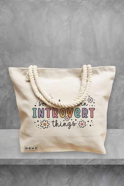 BEKZ Geanta de plaja, model Sorry busy doin Introvert things 2, 40x51 cm, Crem, BEKZ®
