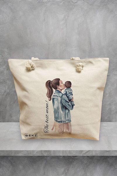 BEKZ Geanta de plaja, model The best mom, 40x51 cm, Crem, BEKZ®