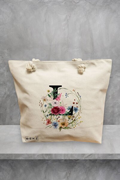 BEKZ Τσάντα θαλάσσης, με το γράμμα L σε στεφάνι λουλουδιών, 40x51 εκ., Κρεμ, ...