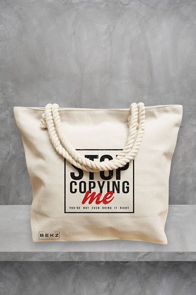 BEKZ Geanta de plaja, model Stop copying me, 40x51 cm, Crem, BEKZ®