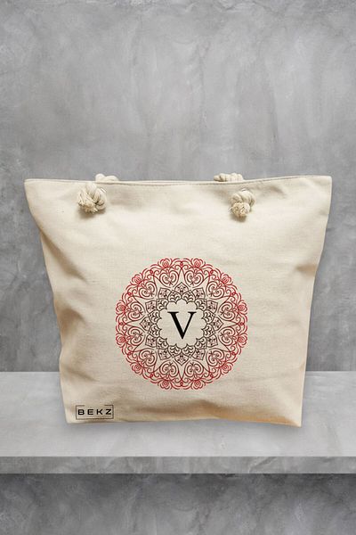 BEKZ Geanta de plaja, Cu litera V si Mandala, 40x51 cm, Crem, BEKZ®