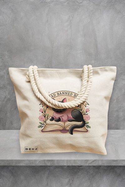 BEKZ Geanta de plaja, model I read banned books 2, 40x51 cm, Crem, BEKZ®