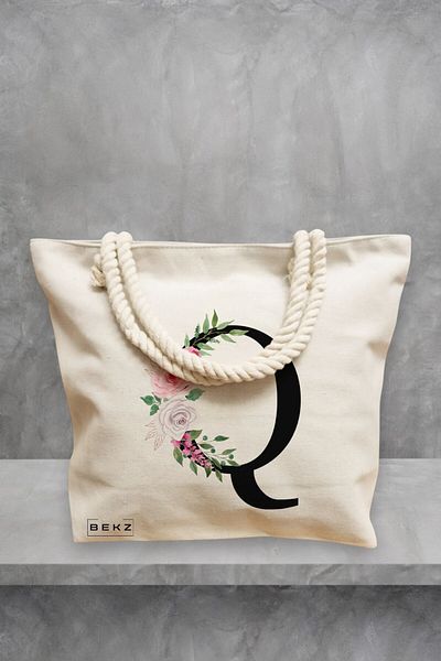 BEKZ Geanta de plaja, Cu litera Q si Trandafiri, 40x51 cm, Crem, BEKZ®