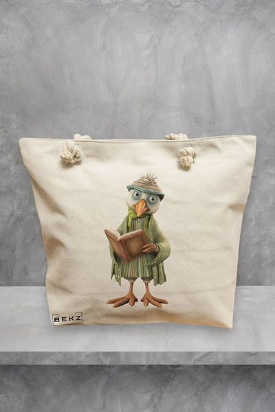 BEKZ Geanta de plaja, model Reading Birdie 3, 40x51 cm, Crem, BEKZ®