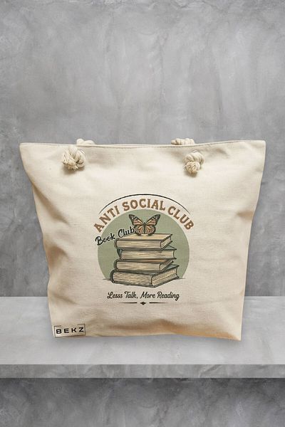 BEKZ Geanta de plaja, model Anti social Book Club, 40x51 cm, Crem, BEKZ®