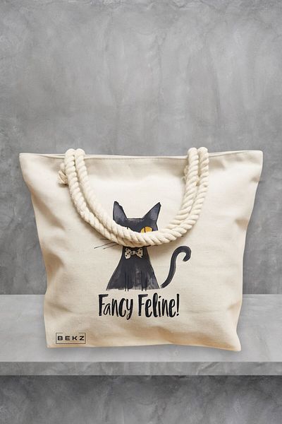 BEKZ Geanta de plaja, model Fancy Feline, 40x51 cm, Crem, BEKZ®