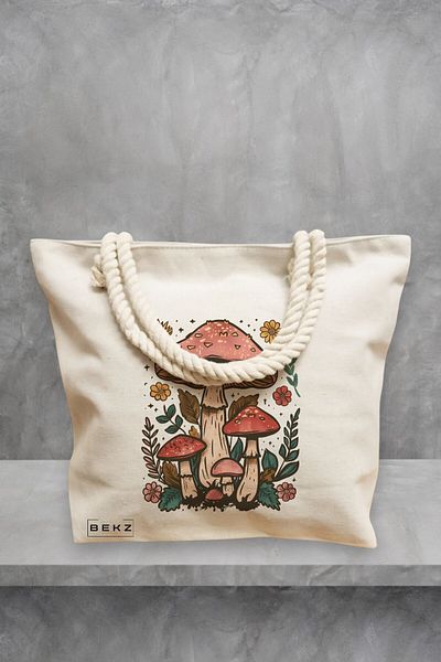 BEKZ Geanta de plaja Colorful Mushrooms 2, 40x51 cm, Crem, BEKZ®