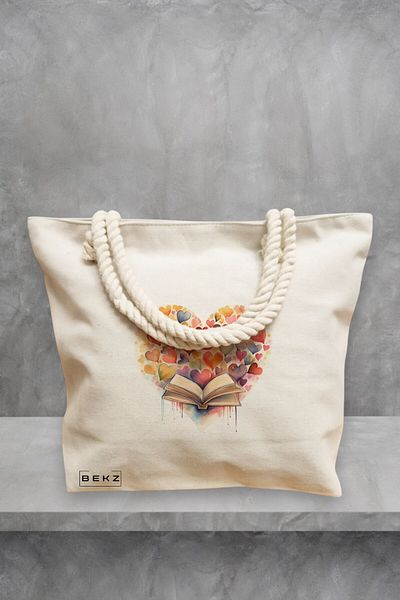 BEKZ Geanta de plaja, model Books and hearts, 40x51 cm, Crem, BEKZ®