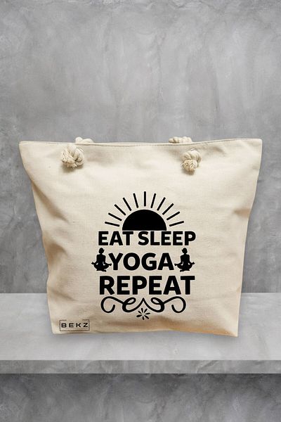BEKZ Geanta de plaja Yoga Eat Sleap Yoga Repeat, 40x51 cm, Crem, BEKZ®