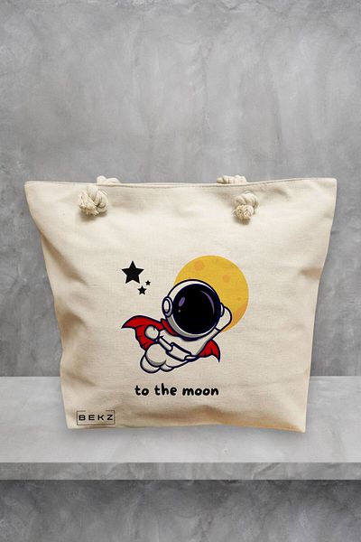 BEKZ Geanta de plaja, model To the moon, 40x51 cm, Crem, BEKZ®